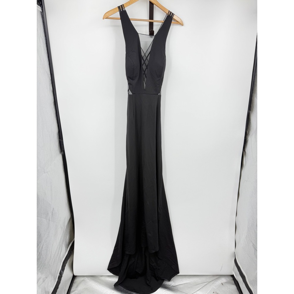 Adrianna Papell Mesh Inset Gown Womens 6 Black Strappy Back V-Neck Evening Dress